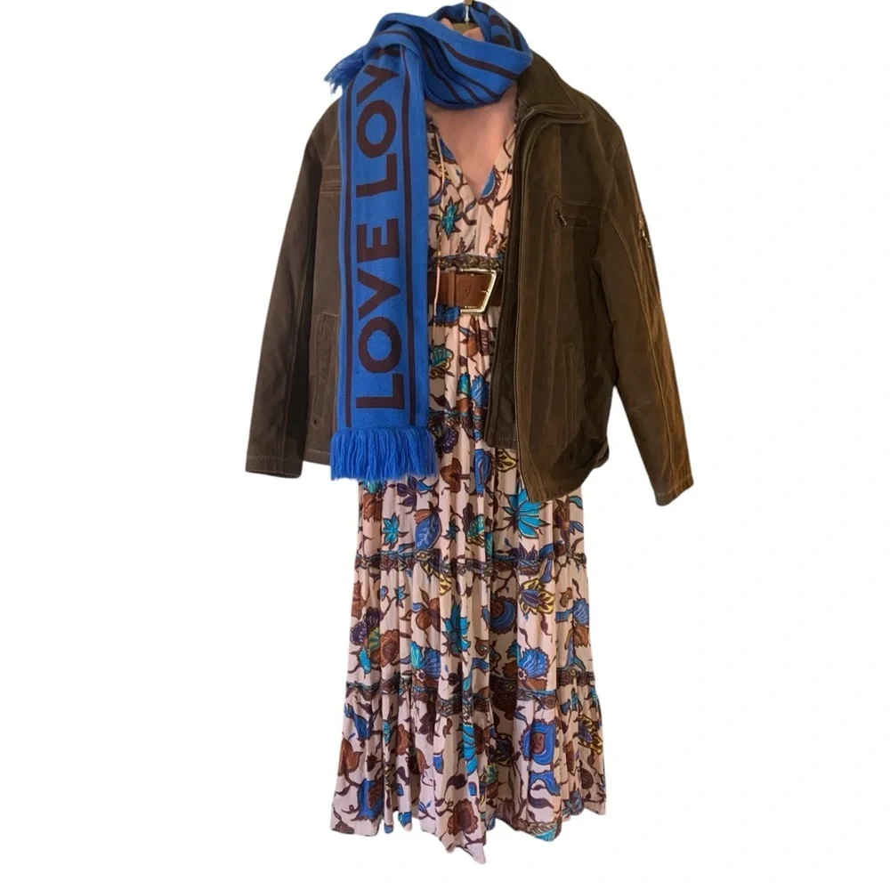 Anthro Love the label V-neck tiered ruffled maxi dress browns blues floral New S - Picture 12 of 16